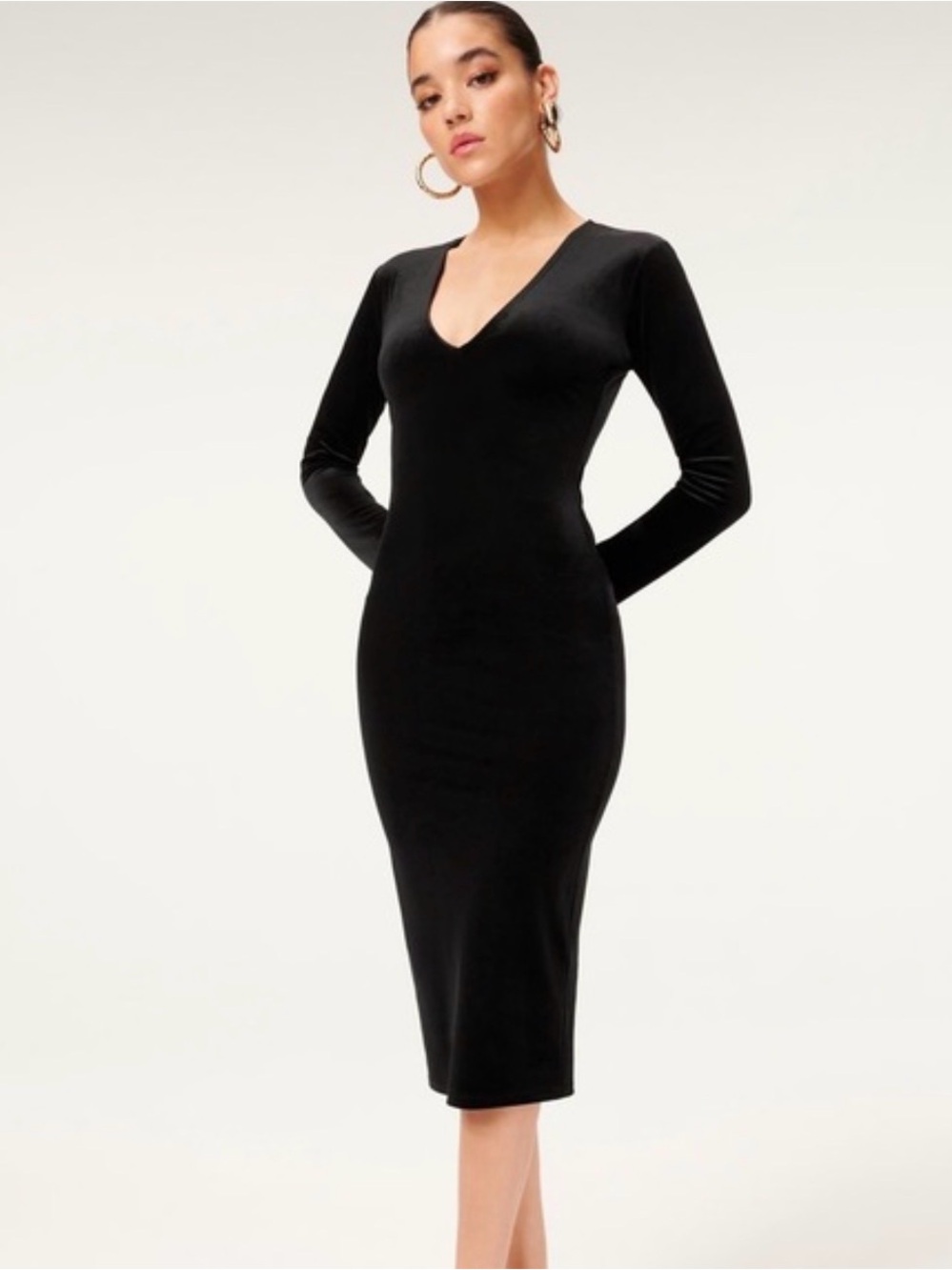 Good American Black V-Neck Long Sleeve Midi Dress